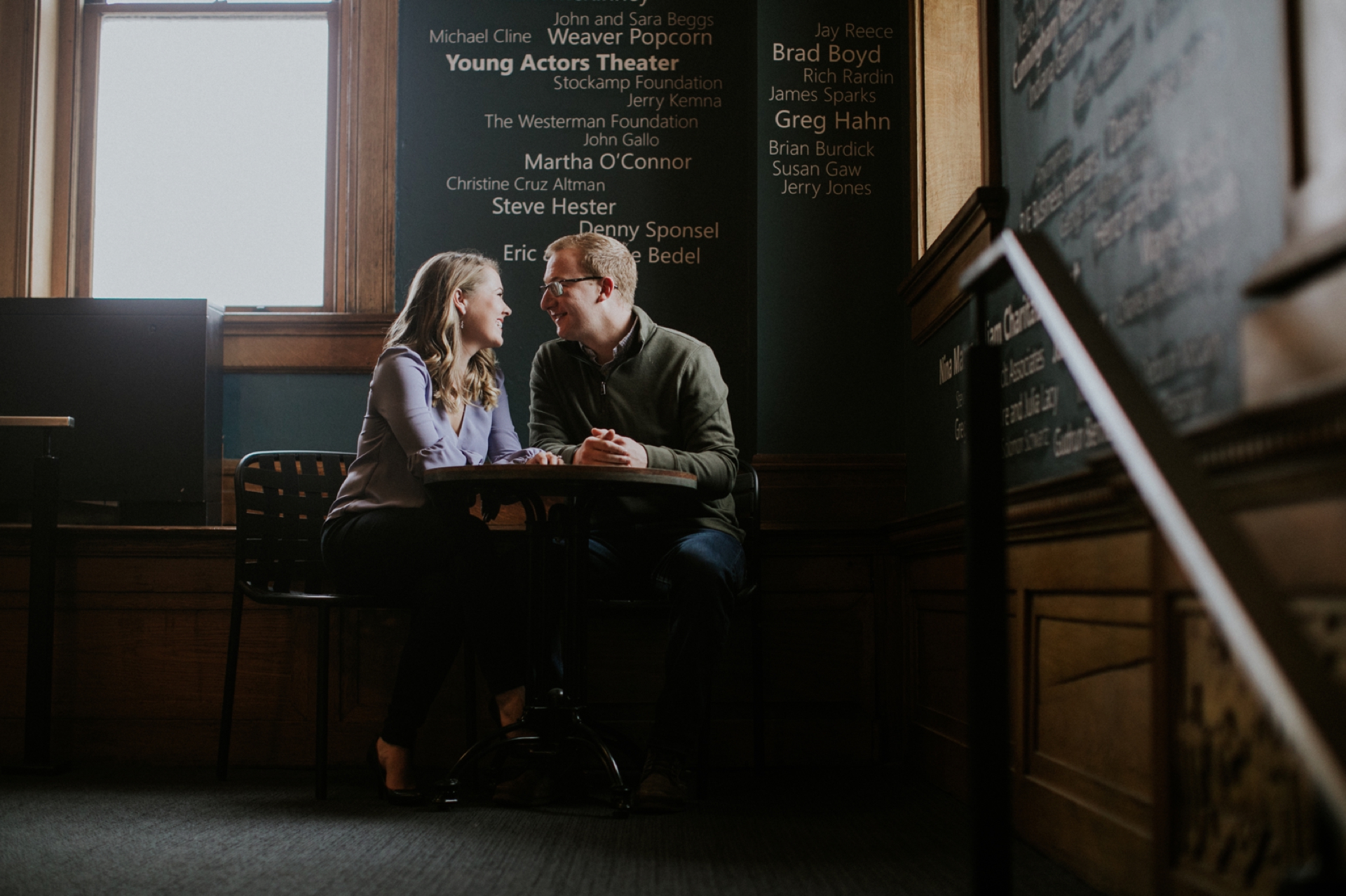 Engagement Photo Session Blonde Couple Coffee Table Athenaeum Theater Indy