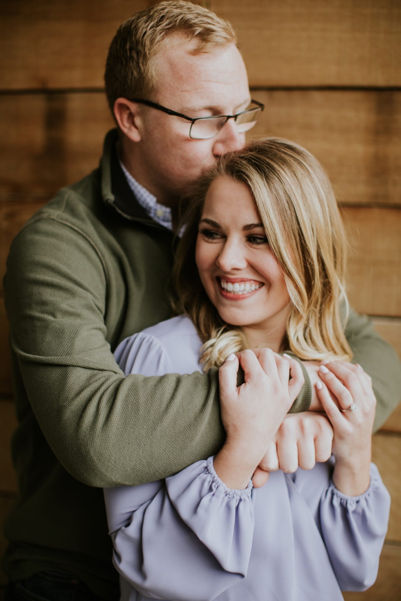 Engagement Photo Session Blonde Couple Wood Wall Athenaeum Theater Indy
