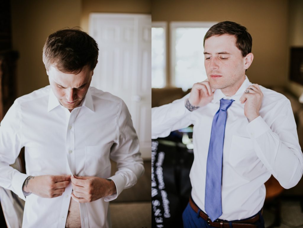 groom buttoning up his shirt for his IMA wedding inside a house on Lockerbie Street