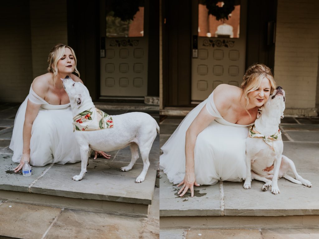 dog licks bride's face and bride hugs dog on lockerbie street before her IMA wedding