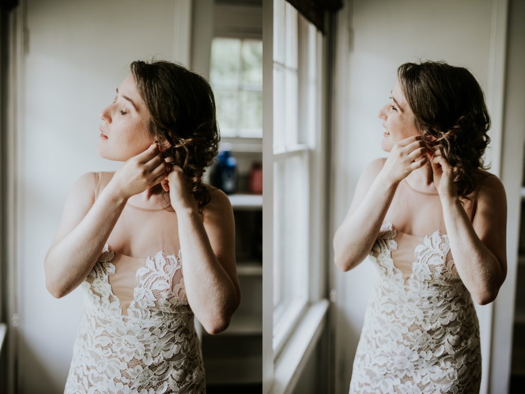 bride puts on earrings at an airbnb