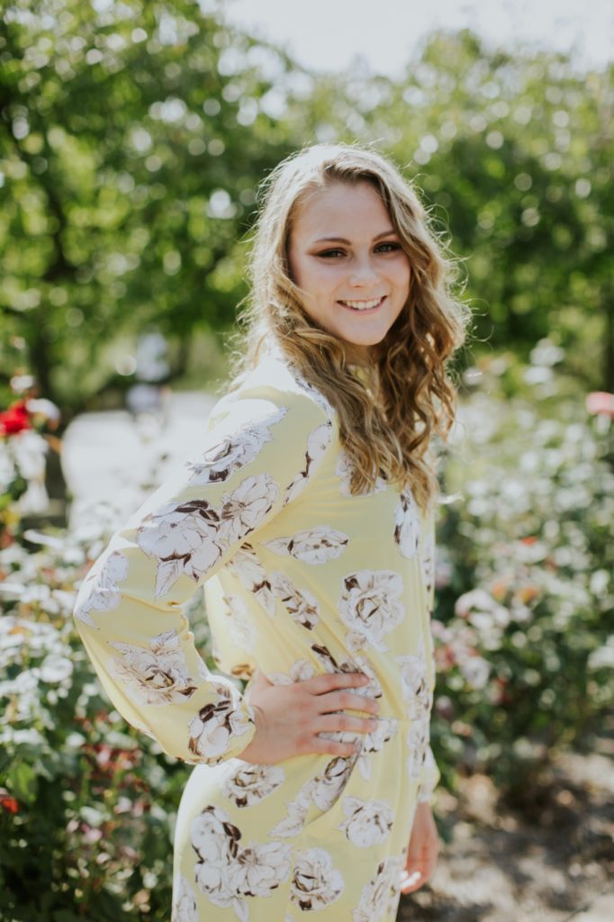 blonde girl in yellow floral dress Noblesville Senior Photos
