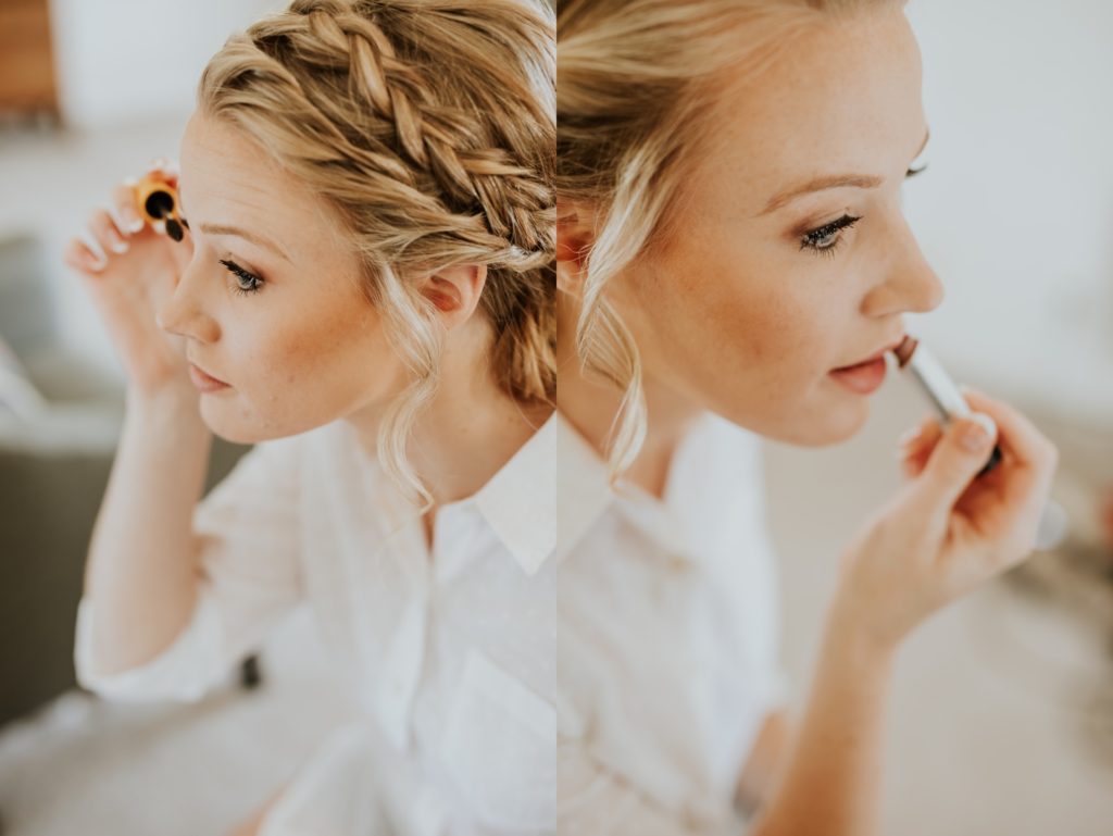 bride applies make up for her muncie wedding photography