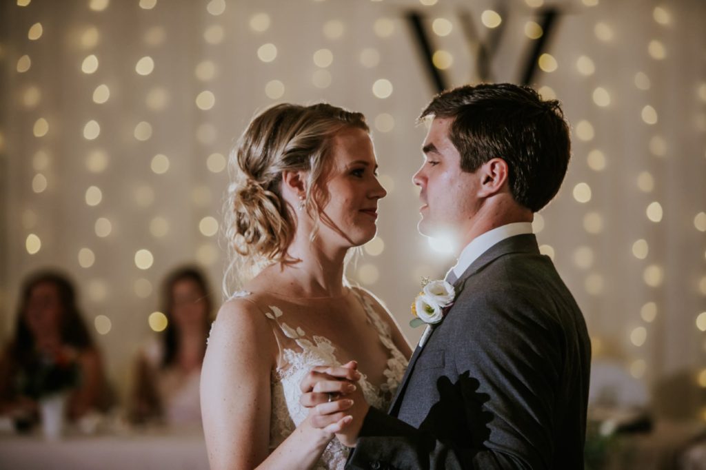 close up shot of bride and groom during first dance for their muncie wedding photography