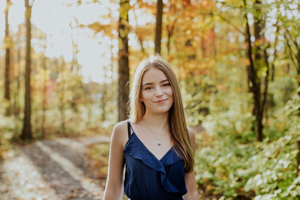 girl in blue dress in autumn for Fishers Photos