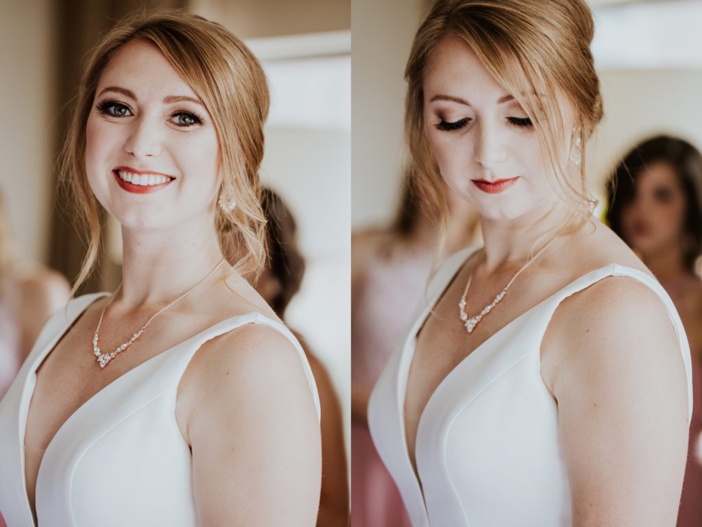 two photos of the bride with her bridesmaids behind her in a westin hotel room suite