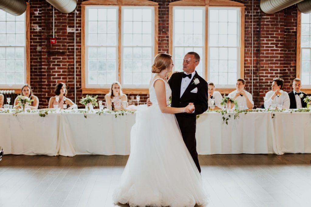 father daughter dance in front of beautiful windows during a Tinker House Wedding