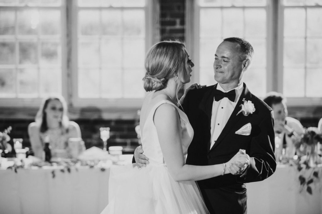 black and white photo of father daughter dance during a Tinker House Wedding