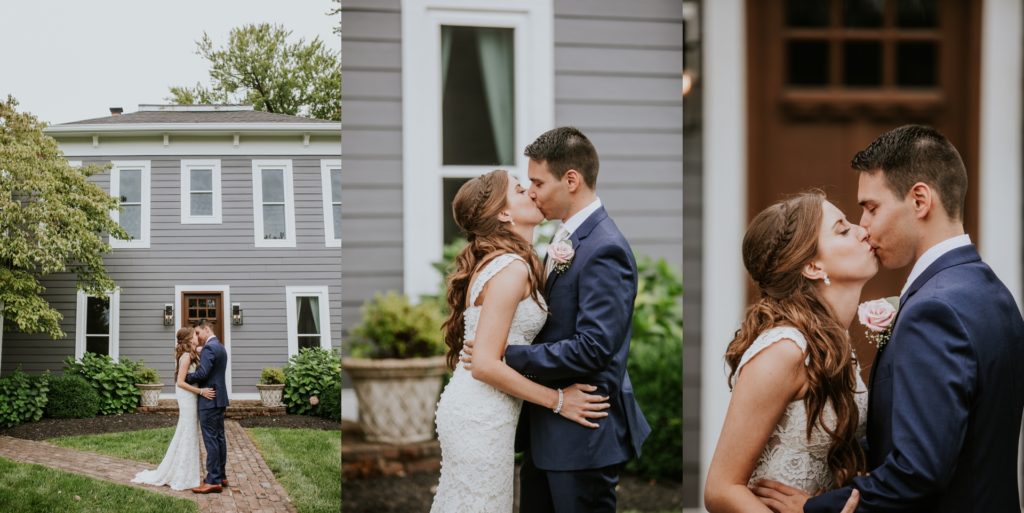 bride and groom kiss in front of house at mustard seed gardens