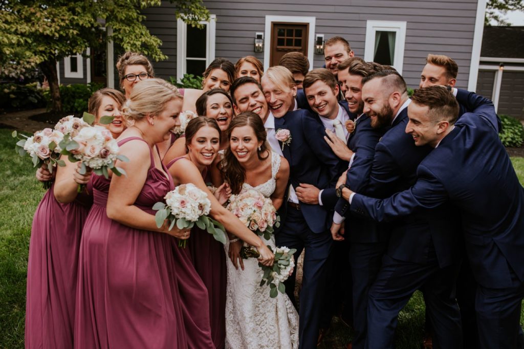 large bridal party crowded together