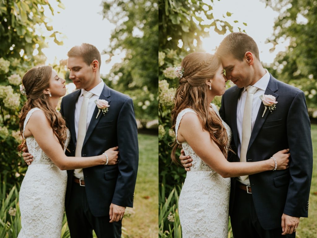 bride and groom hug and kiss at sunset at mustard seed gardens for Noblesville Wedding Photography