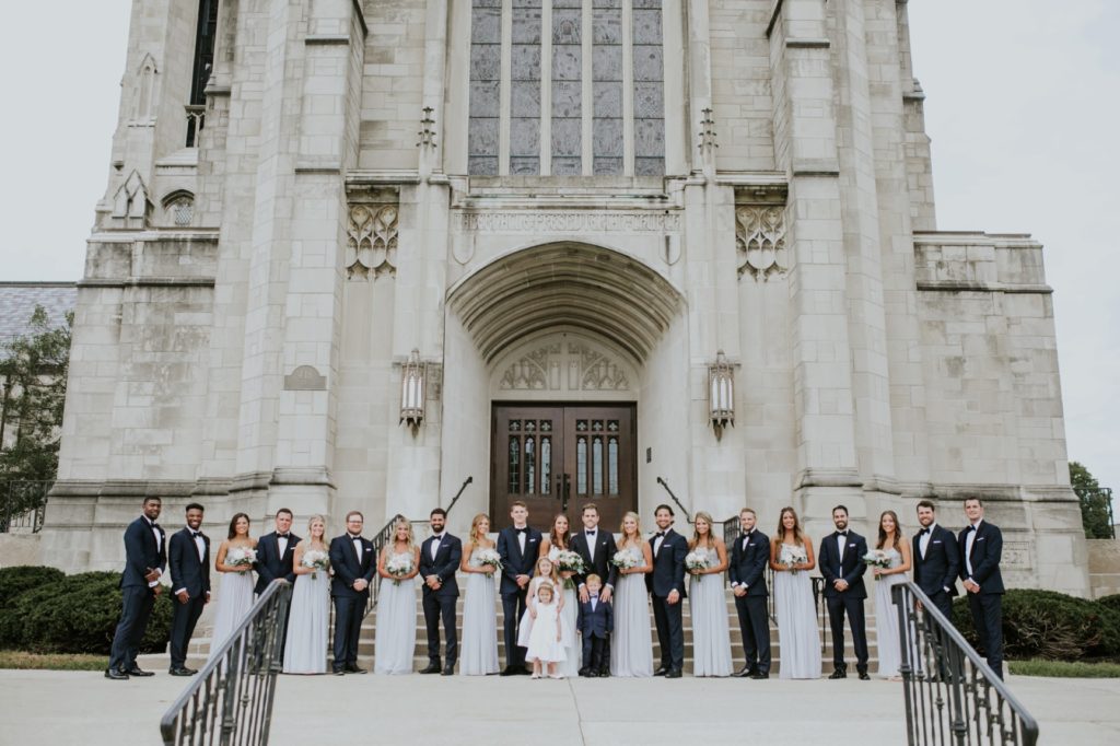 bridal party standing on steps of tabernacle presbyterian wedding photography