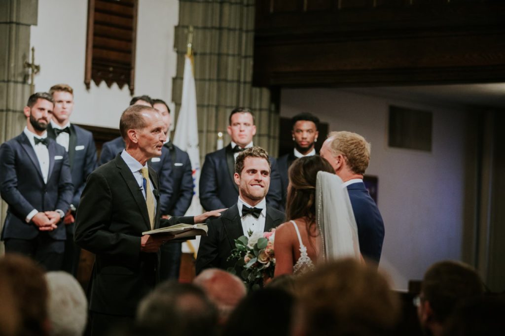 groom smiling at bride during tabernacle presbyterian church wedding
