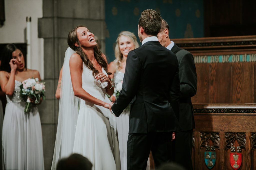 bride laughs at tabernacle presbyterian church wedding photography
