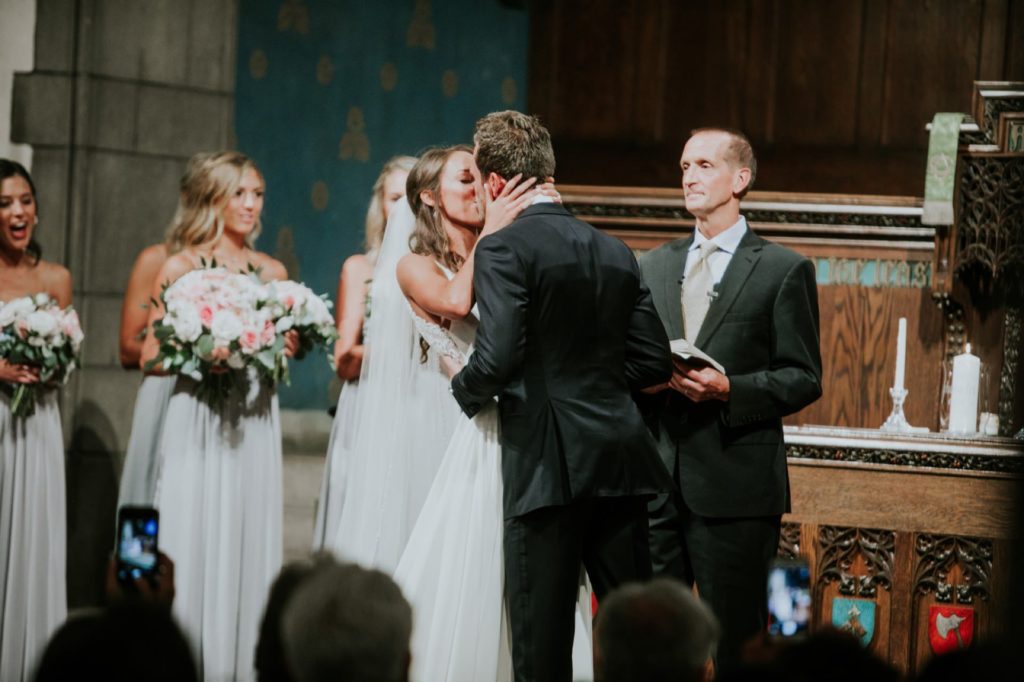 first kiss at tabernacle presbyterian church for wedding photography