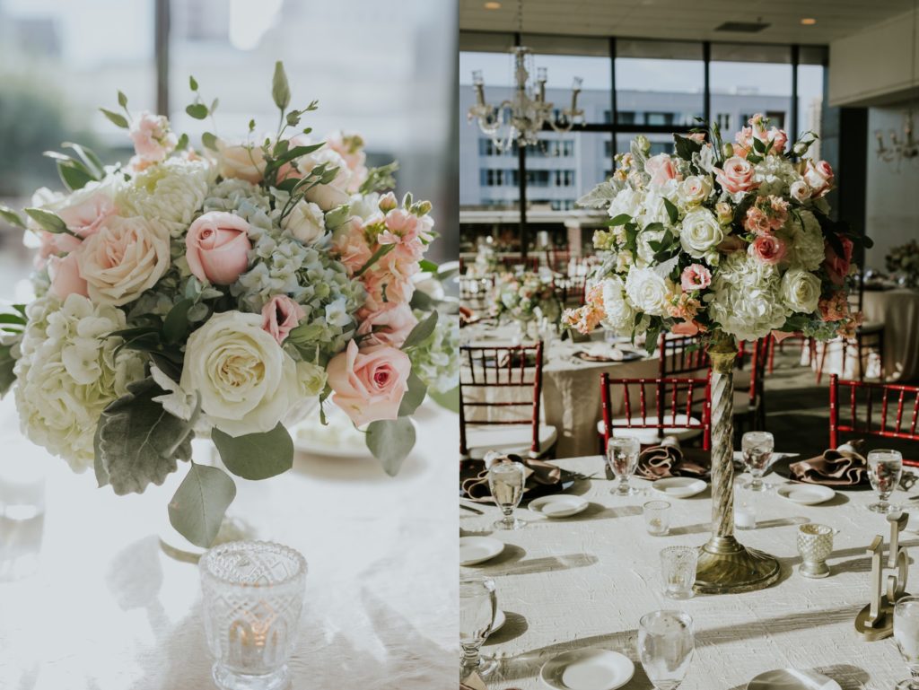 flower centerpieces on table for indy wedding photographer