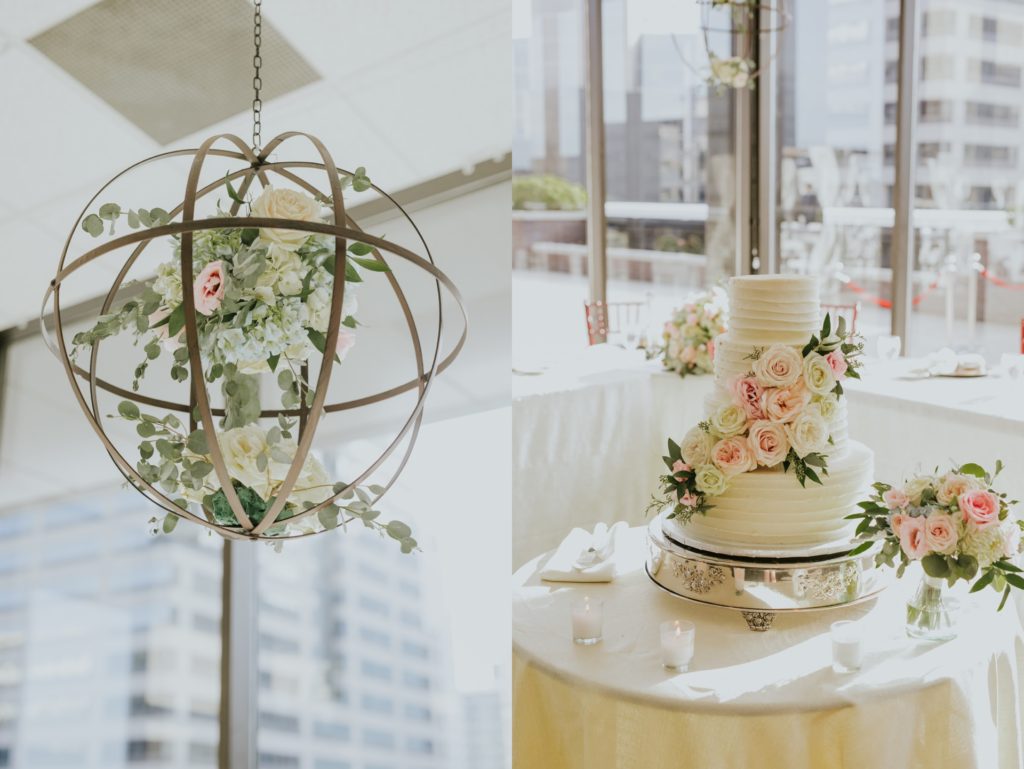 flowers and wedding cake for regions tower photographer