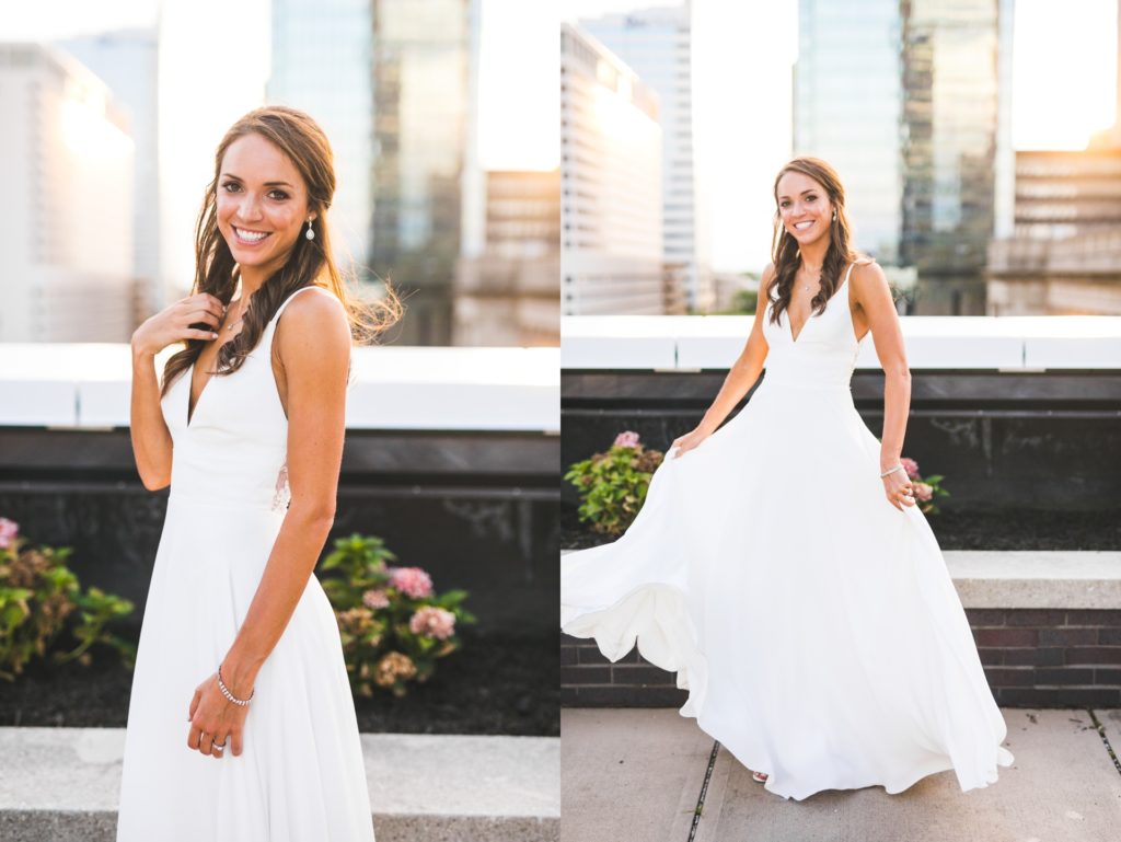 bride smiling and laughing at sunset for Regions Tower wedding for Indianapolis photographer