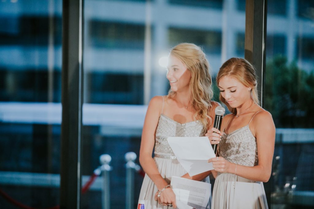 bridesmaids give toast together for Indy wedding photography