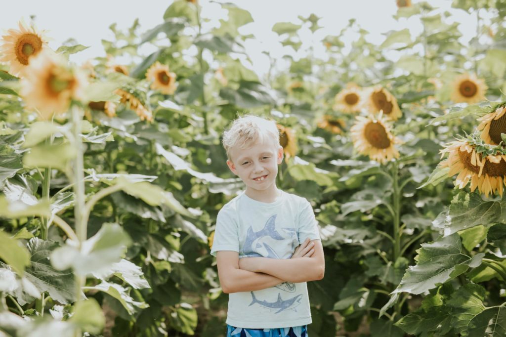 young blonde boy crosses arms in middle of yellow flower field