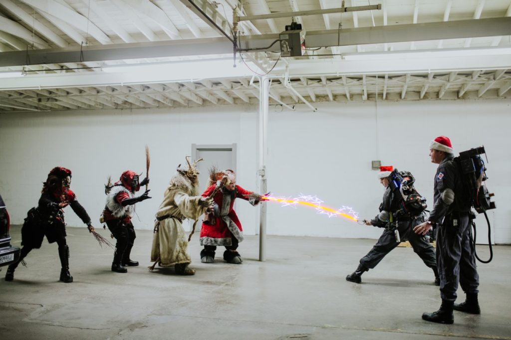ghostbusters fight krampus at an herst with scarlet lane brewing company logo on back at this Indianapolis Brewery Event Photography