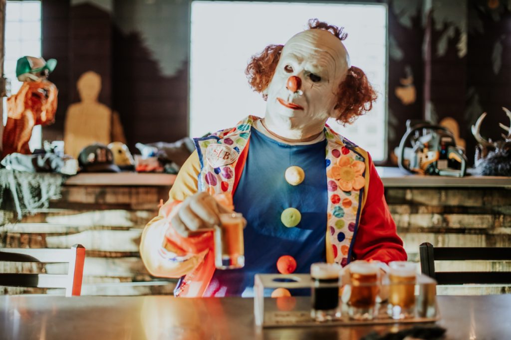 clown drinks flight of beers for this Indianapolis brewery photography