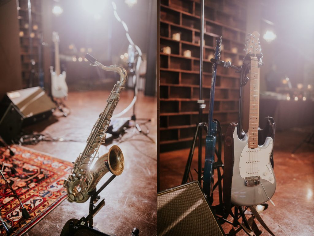 saxophone and guitar set up for wedding at canal 337 wedding