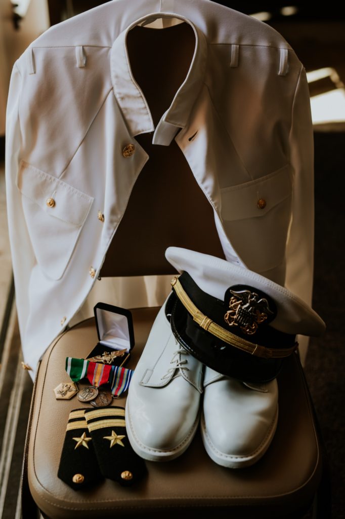 Navy Full Dress uniform on chair for Bel Air Kokomo Wedding