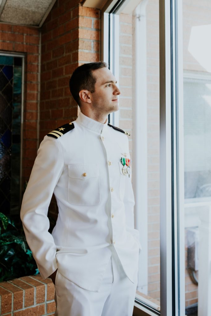 groom in full dress navy uniform for Bel Air Kokomo Wedding