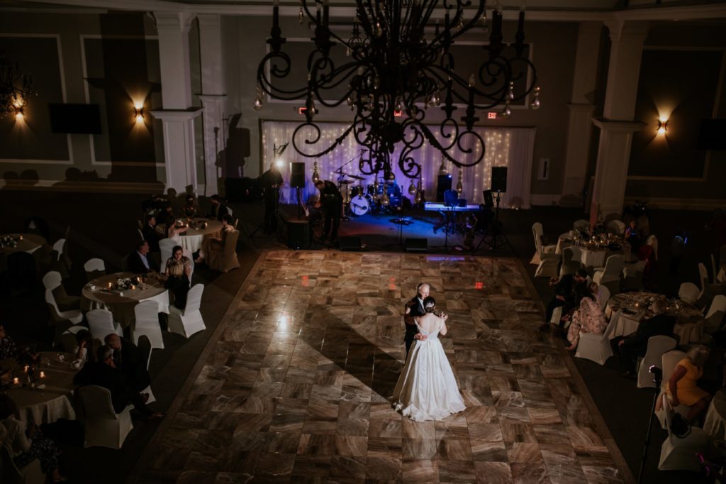 wide shot from balcony of father daughter dance at a Bel Air Kokomo Wedding