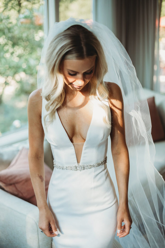 blonde bride in wedding dress in afternoon during her indianapolis elopement