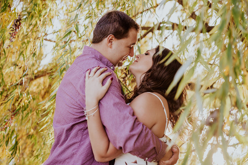 man and woman kiss under weeping willow at coxhall gardens engagement session