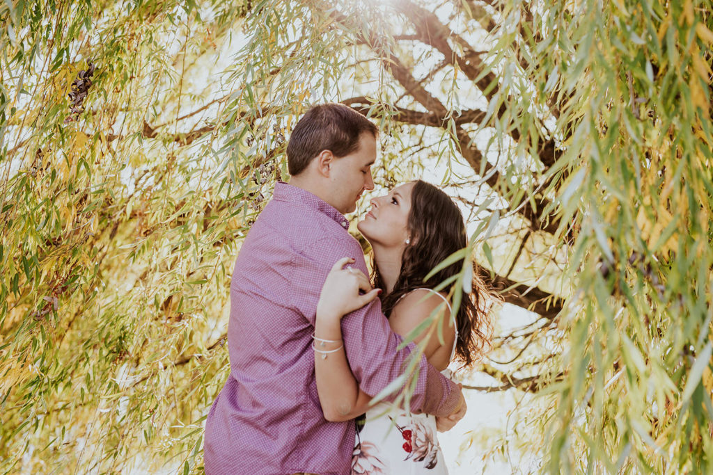 man and woman hug under weeping willow