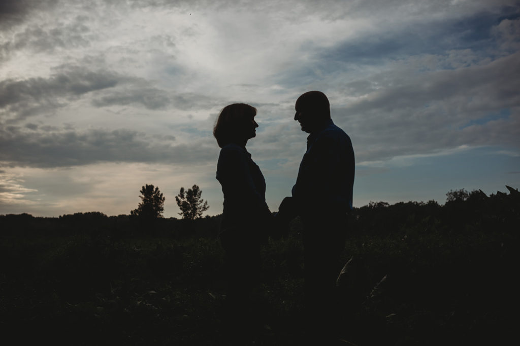 silhouette of couple holding hands and looking at each other during their hamilton county park engagement session