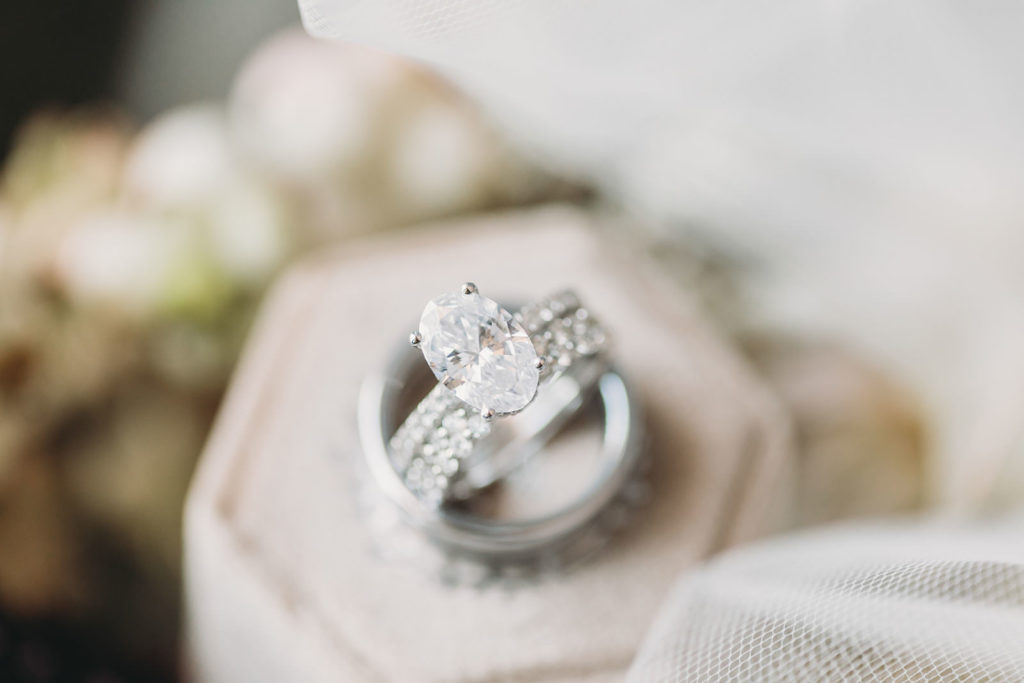 the most gorgeous Reis Nichols wedding and engagement rings on a case for a carmel backyard wedding