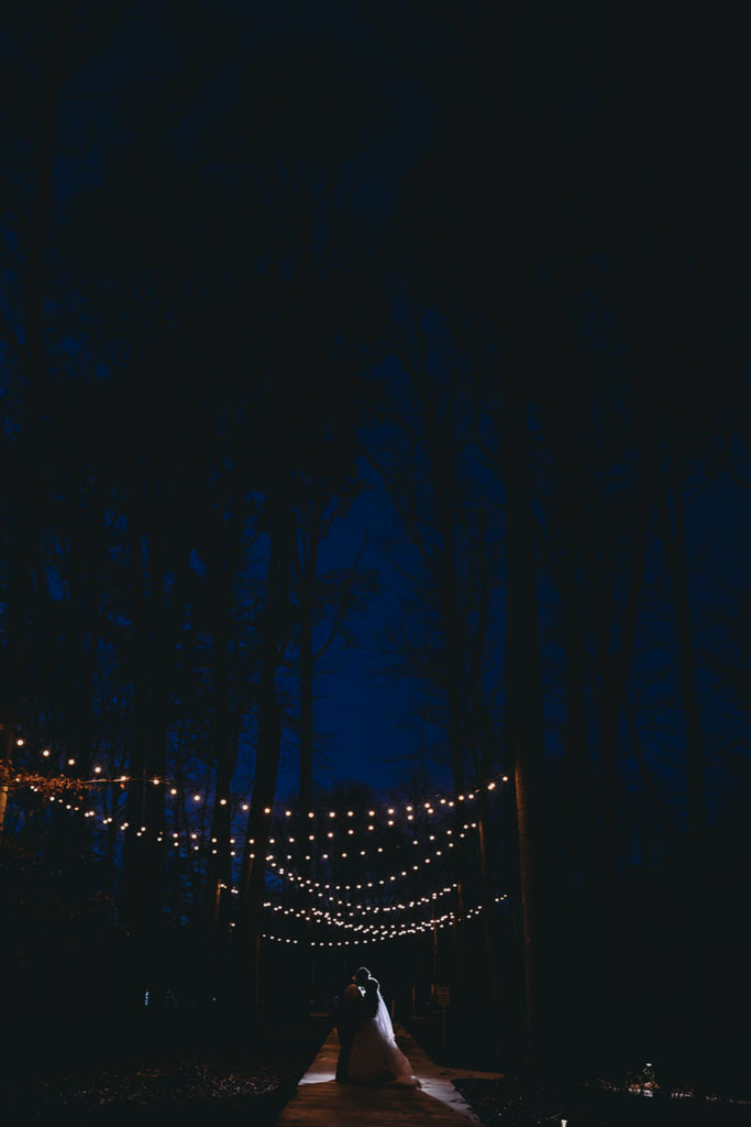 wide shot of bride and groom under string lights with dark blue sky above at their 3 Fat Labs wedding