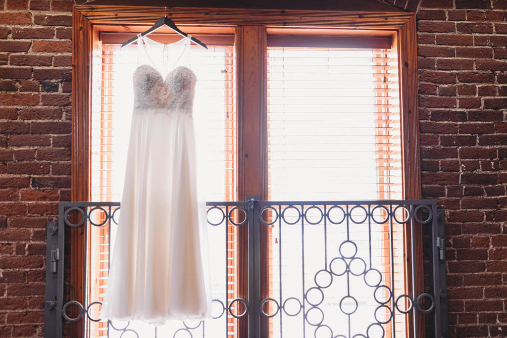 dress in window at mill top wedding noblesville