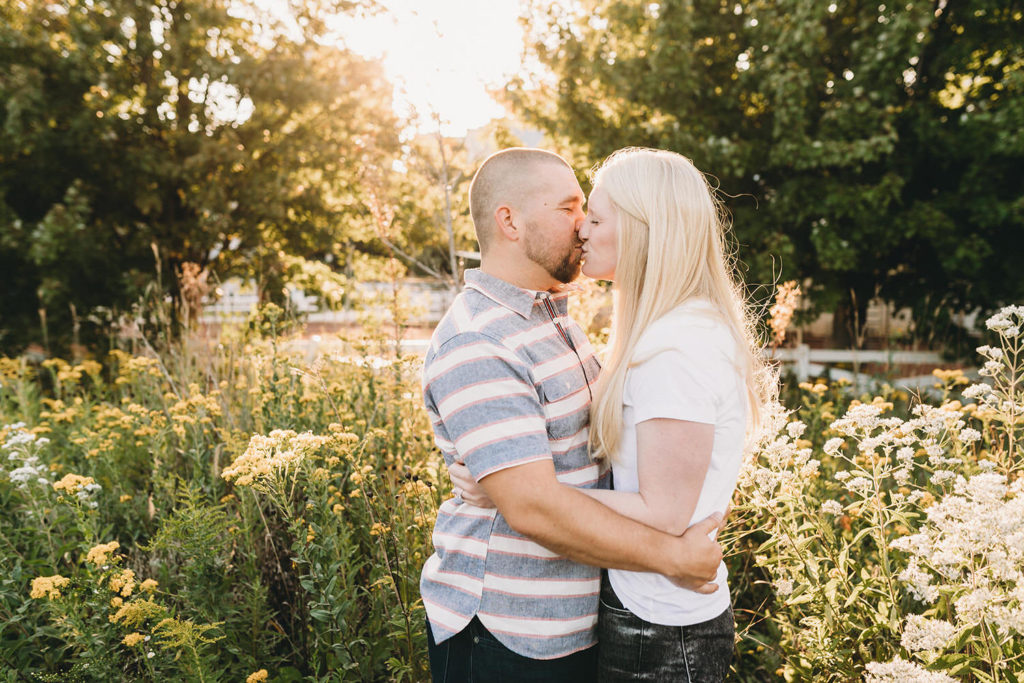 couple kissing during Lincoln Park engagement photos