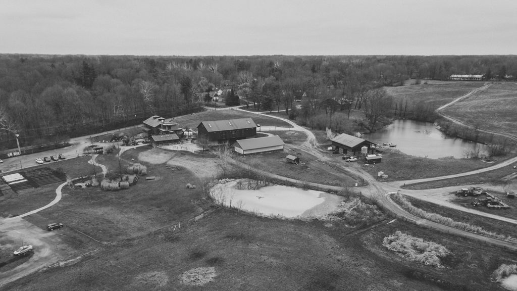 drone photo of Traders Point Creamery in black and white