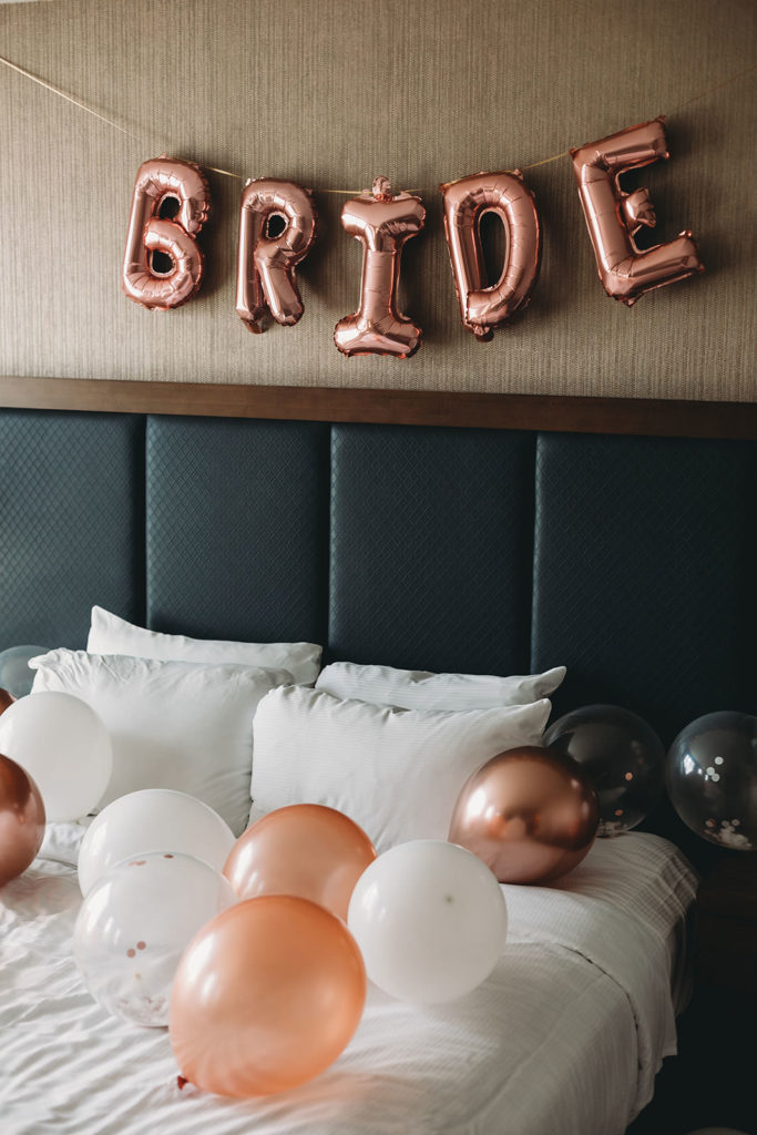 balloons that say bride over bed at embassy suites south bend