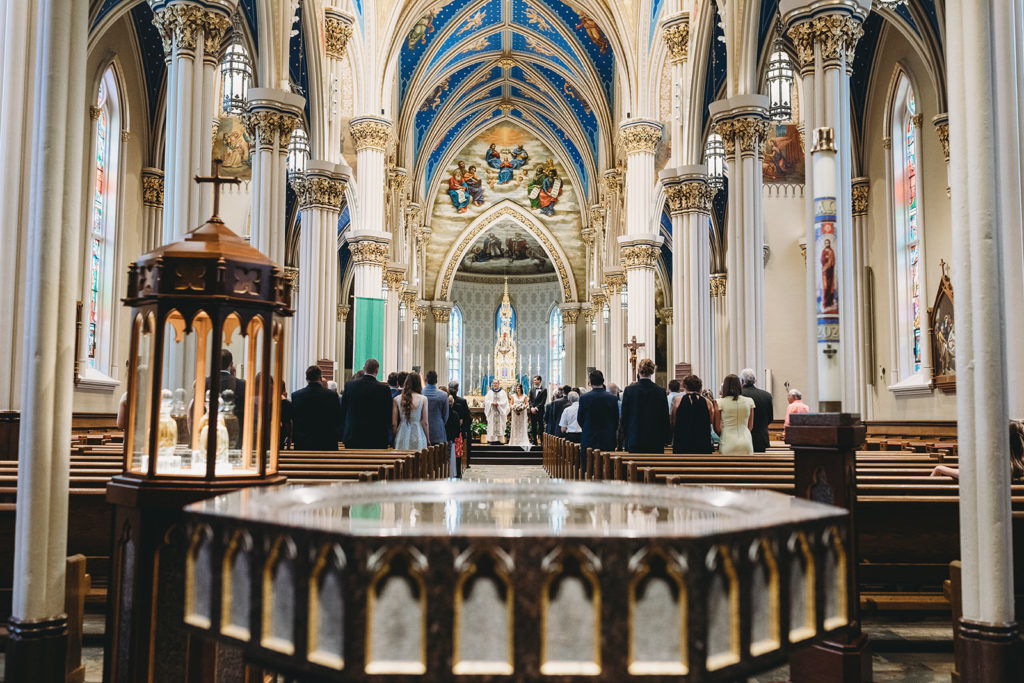 superwide shot of Basilica of the Sacred Heart during a University of Notre Dame wedding