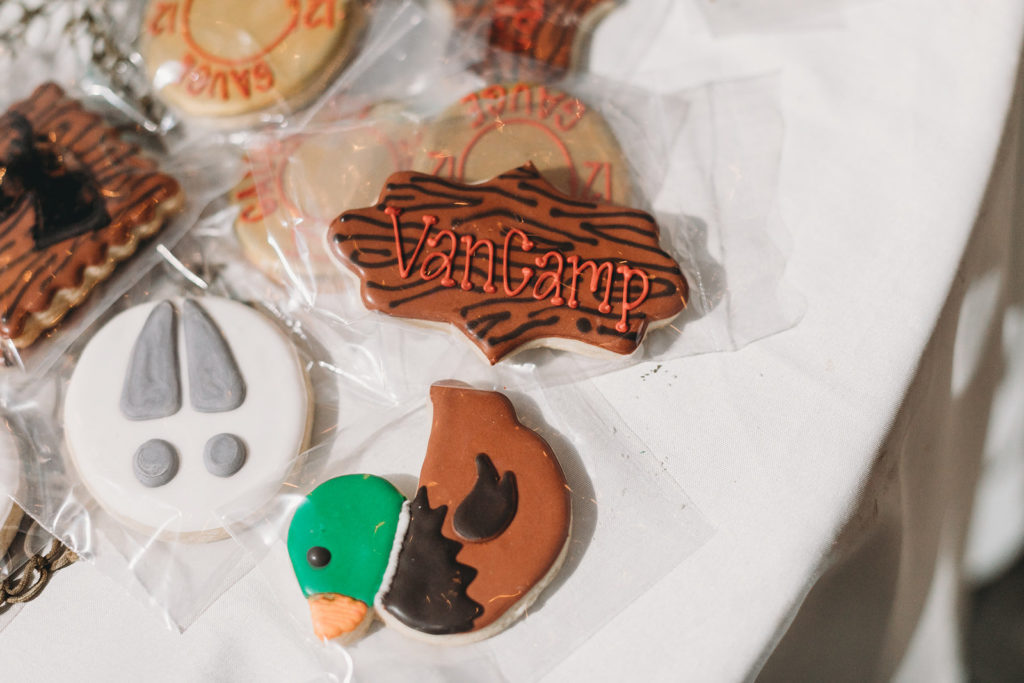 hunting cookies showing a duck, hoof prints, and the family name during a Richmond Indiana Wedding