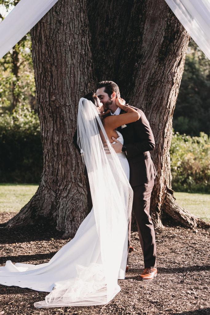 bride and groom first kiss in front of very large tree with cloth draped off of it during their mustard seed wedding