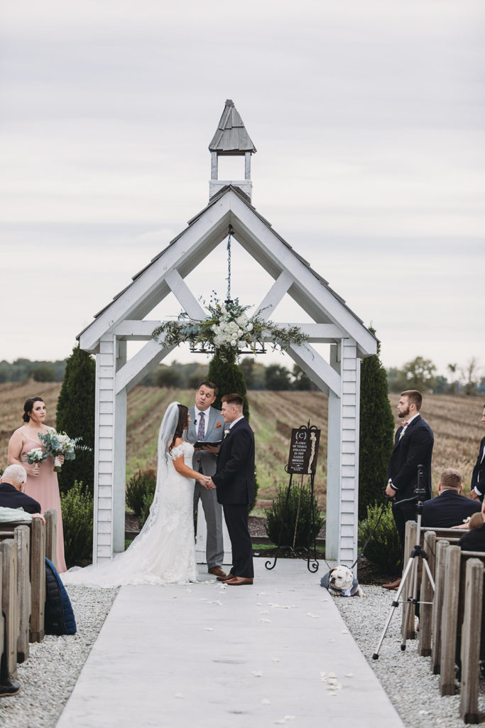 bride and groom stand at front of ceremony space facing each other and holding hands getting married during their white willow farms wedding