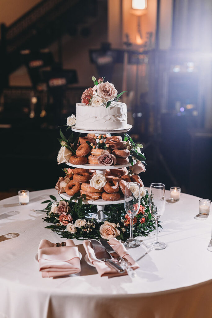 cake and donuts arranged like a three tier cake for a Union Station Indy Wedding